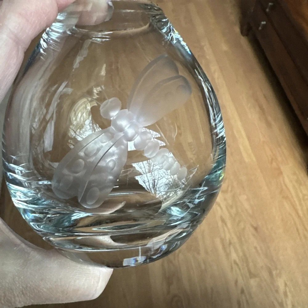 KROSNO Poland Clear Crystal Glass Vase‎ Etched DRAGONFLY for Crate & Barrel 4